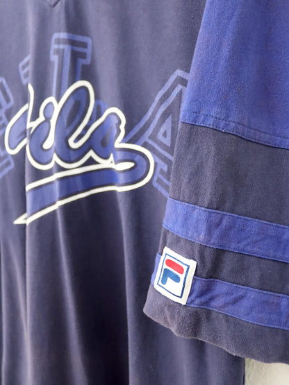 Vintage 80s 90s FILA T-Shirt short sleeve heavy cotton blue V-neck L