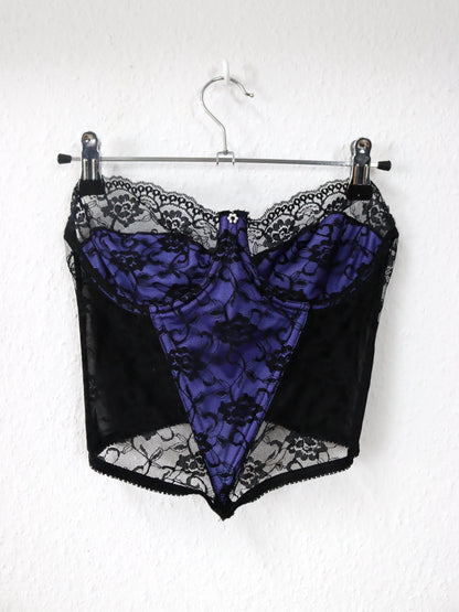 Vintage 80s 90s MISS HELEN corset bustier bandeau lace purple black M 75B