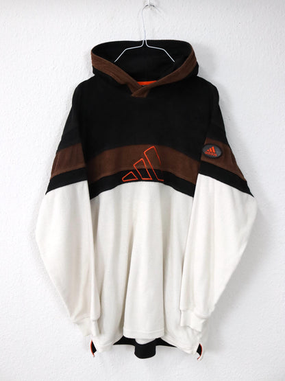 Vintage 80s 90s ADIDAS Hoodie Pullover Terry Cloth Brown Orange White XL