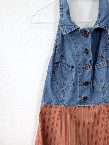Vintage 80er 90er FREESOUL Jeanskleid Neckholder Minikleid gestreift Denim 36 S