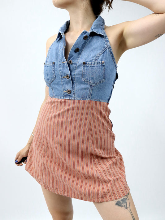 Vintage 80s 90s FREESOUL denim dress halterneck mini dress striped denim 36 S