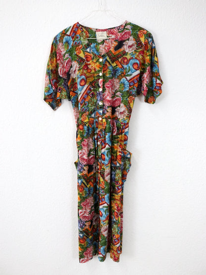 Vintage 80er 90er JULIEN Midikleid Blumenmuster Knopfleiste Viskose kurzarm bunt M