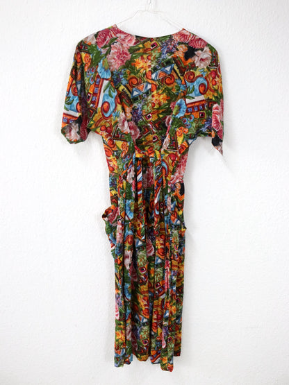 Vintage 80er 90er JULIEN Midikleid Blumenmuster Knopfleiste Viskose kurzarm bunt M