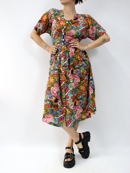Vintage 80er 90er JULIEN Midikleid Blumenmuster Knopfleiste Viskose kurzarm bunt M