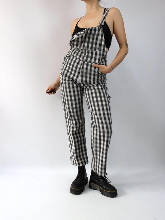Vintage 80s 90s XCAPE dungarees overall checked black white 38