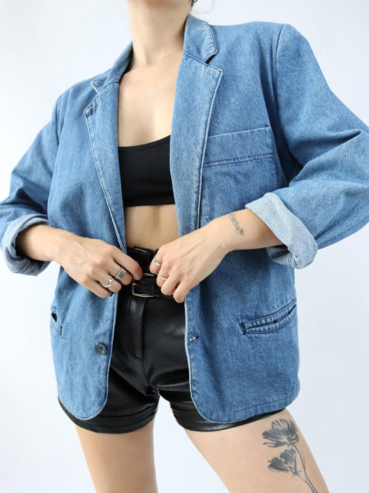 Vintage 80s 90s CARRERA denim blazer blazer denim shoulder pads light blue L