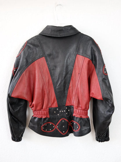 Vintage 80s 90s ALASKABEAR leather jacket rivets black red shoulder pads M