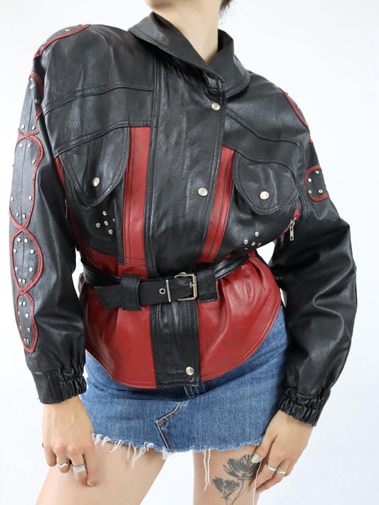 Vintage 80s 90s ALASKABEAR leather jacket rivets black red shoulder pads M