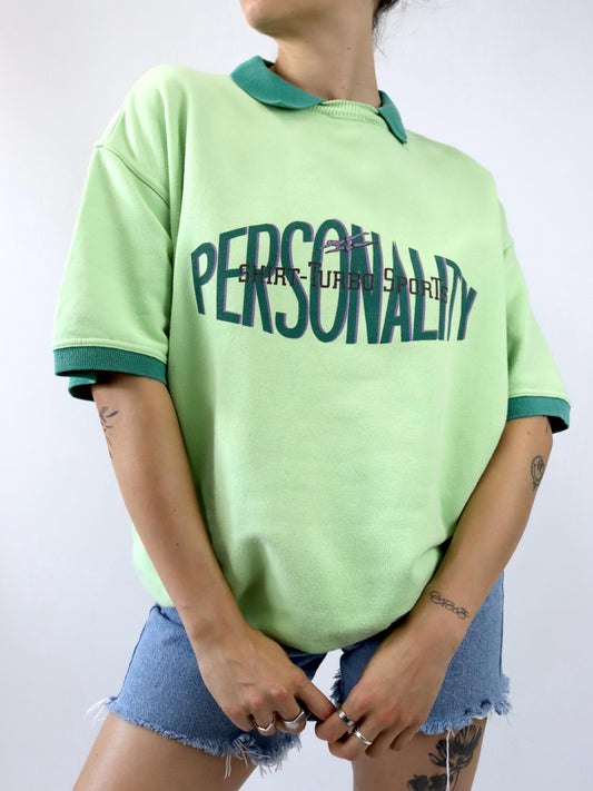 Vintage 80s 90s TURBO sweatshirt short sleeve polo collar print green XL