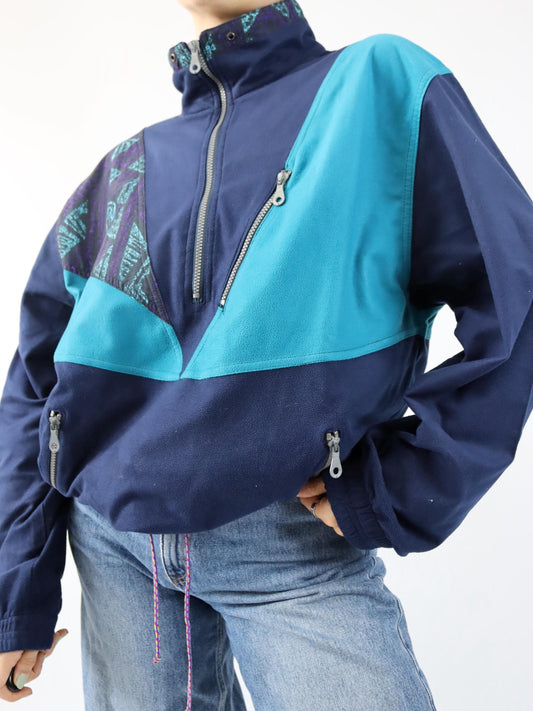 Vintage 80s 90s FULLFORCE sweatshirt velour turquoise dark blue crazy pattern 54 XL