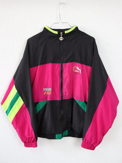 Vintage 80s 90s PUMA tracksuit jacket stand-up collar black pink yellow S/M