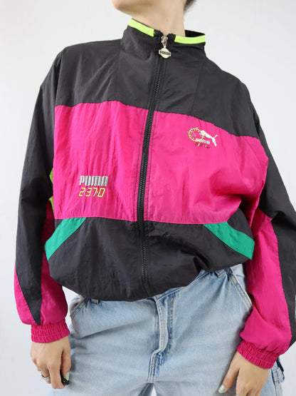 Vintage 80s 90s PUMA tracksuit jacket stand-up collar black pink yellow S/M