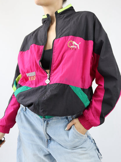 Vintage 80s 90s PUMA tracksuit jacket stand-up collar black pink yellow S/M