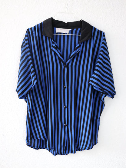 Vintage 80s 90s BEAUTIFUL blouse viscose short sleeve striped black blue L