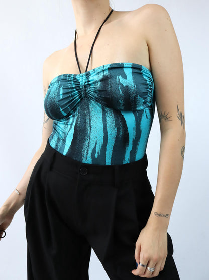 Vintage 80s 90s MAS MARE bodysuit bandeau crazy pattern blue black M