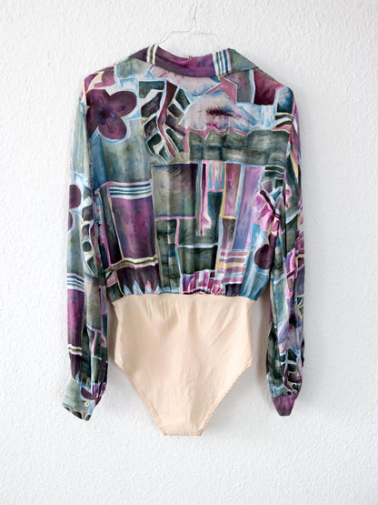 Vintage 80er 90er IPOTESI Body Bluse Viskose langarm crazy pattern 38