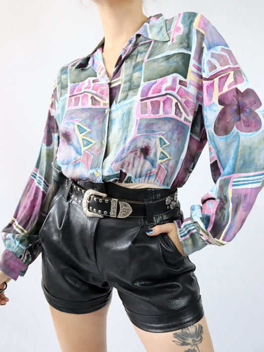 Vintage 80s 90s IPOTESI body blouse viscose long sleeve crazy pattern 38