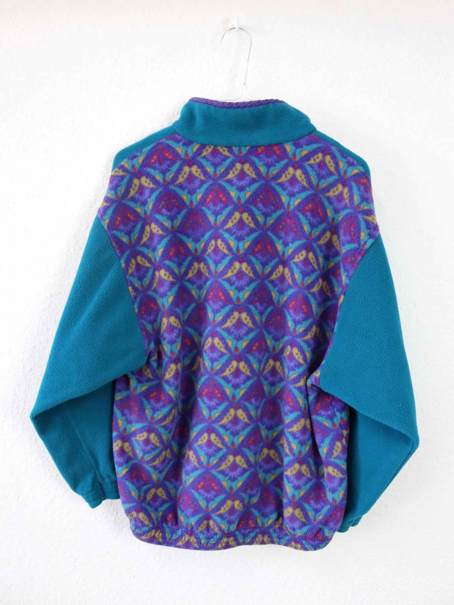 Vintage 80er 90er BRUGI Fleecepullover Stehkragen crazy pattern türkis bunt M