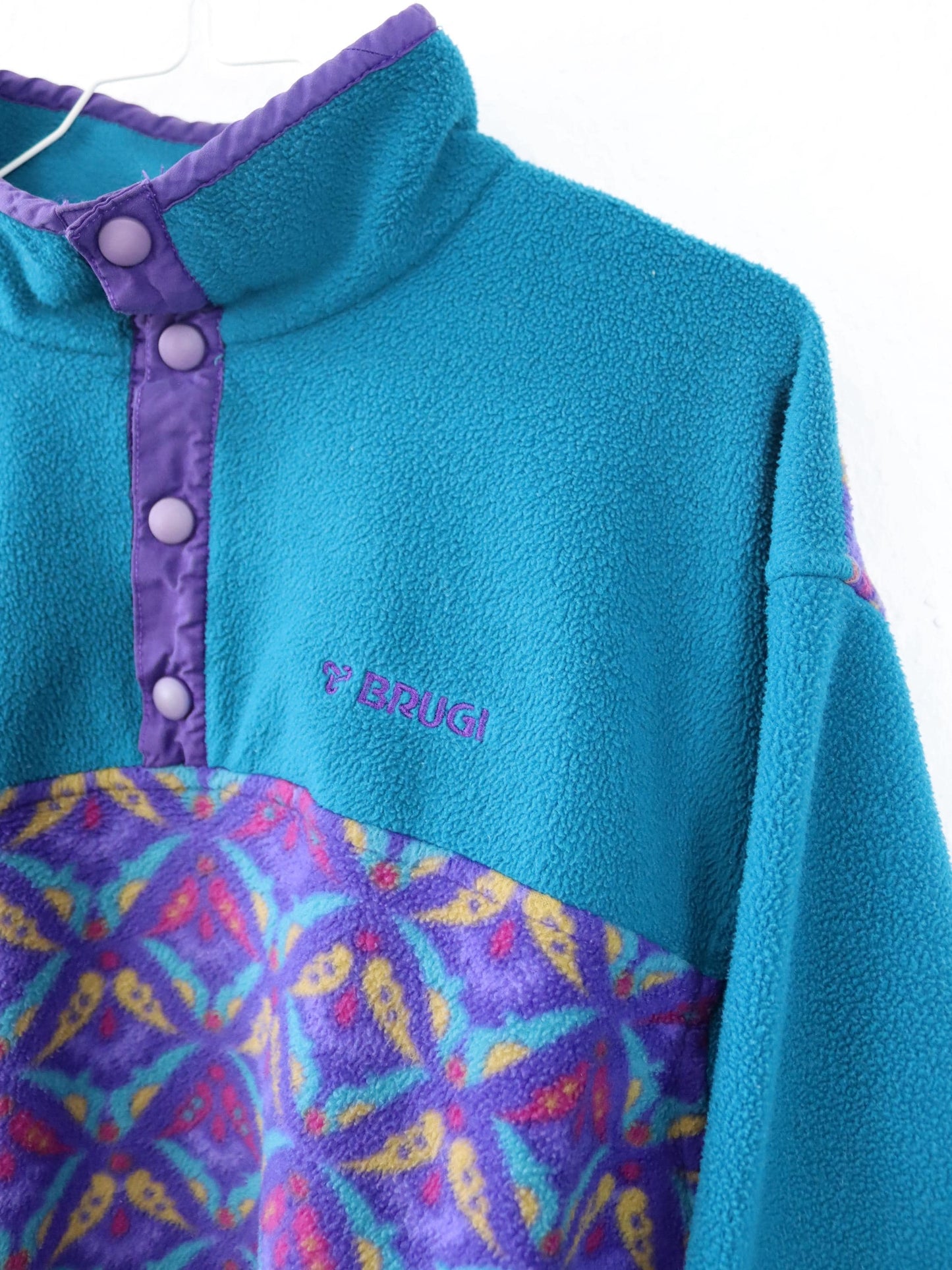 Vintage 80er 90er BRUGI Fleecepullover Stehkragen crazy pattern türkis bunt M