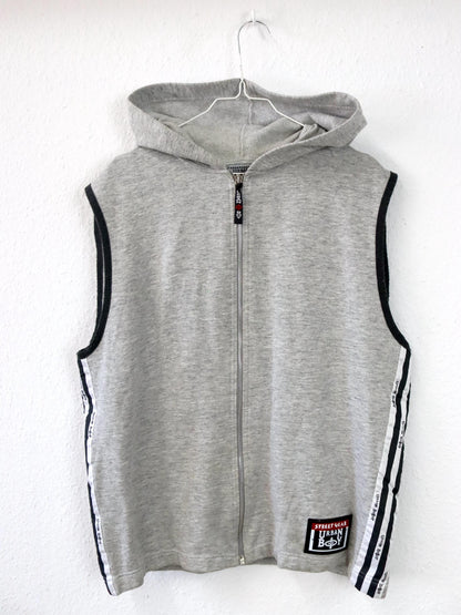 Vintage 80er 90er URBAN BOY Weste Sweatweste grau Backprint Kapuze L