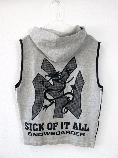 Vintage 80er 90er URBAN BOY Weste Sweatweste grau Backprint Kapuze L