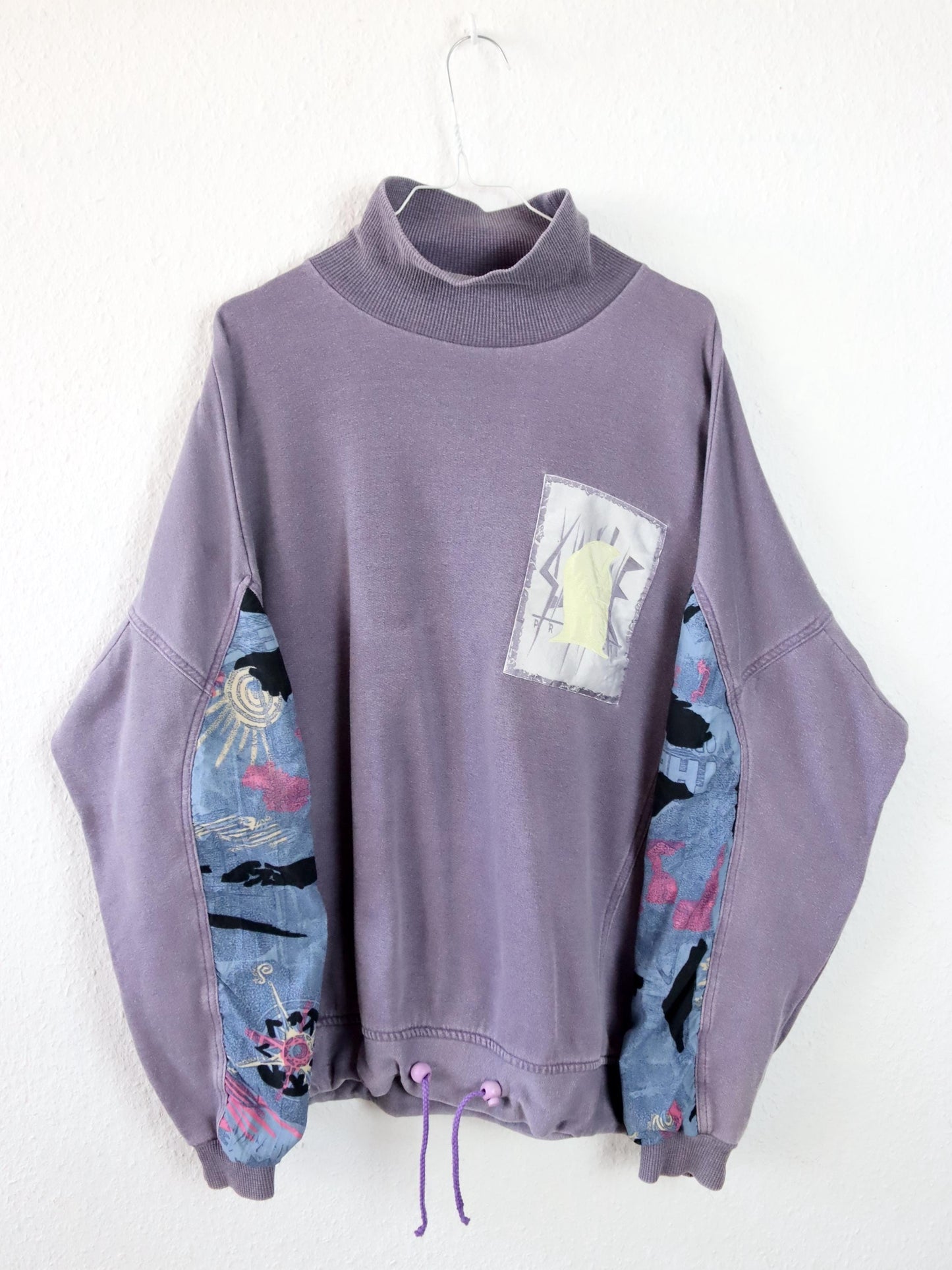 Vintage 80er 90er Sweatshirt Pullover Rollkragen Flieder crazy pattern Patch L