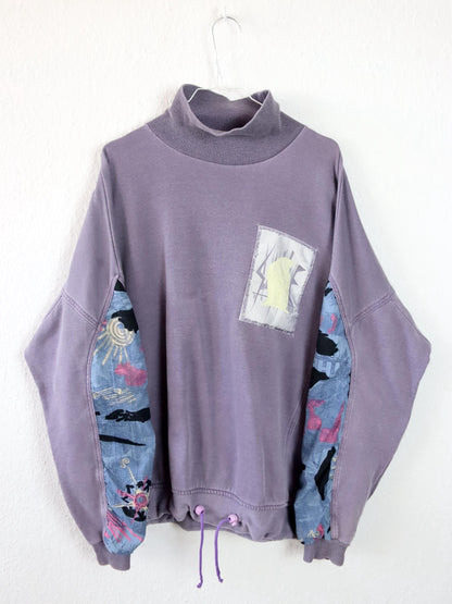 Vintage 80er 90er Sweatshirt Pullover Rollkragen Flieder crazy pattern Patch L