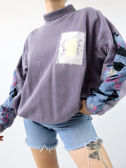 Vintage 80er 90er Sweatshirt Pullover Rollkragen Flieder crazy pattern Patch L