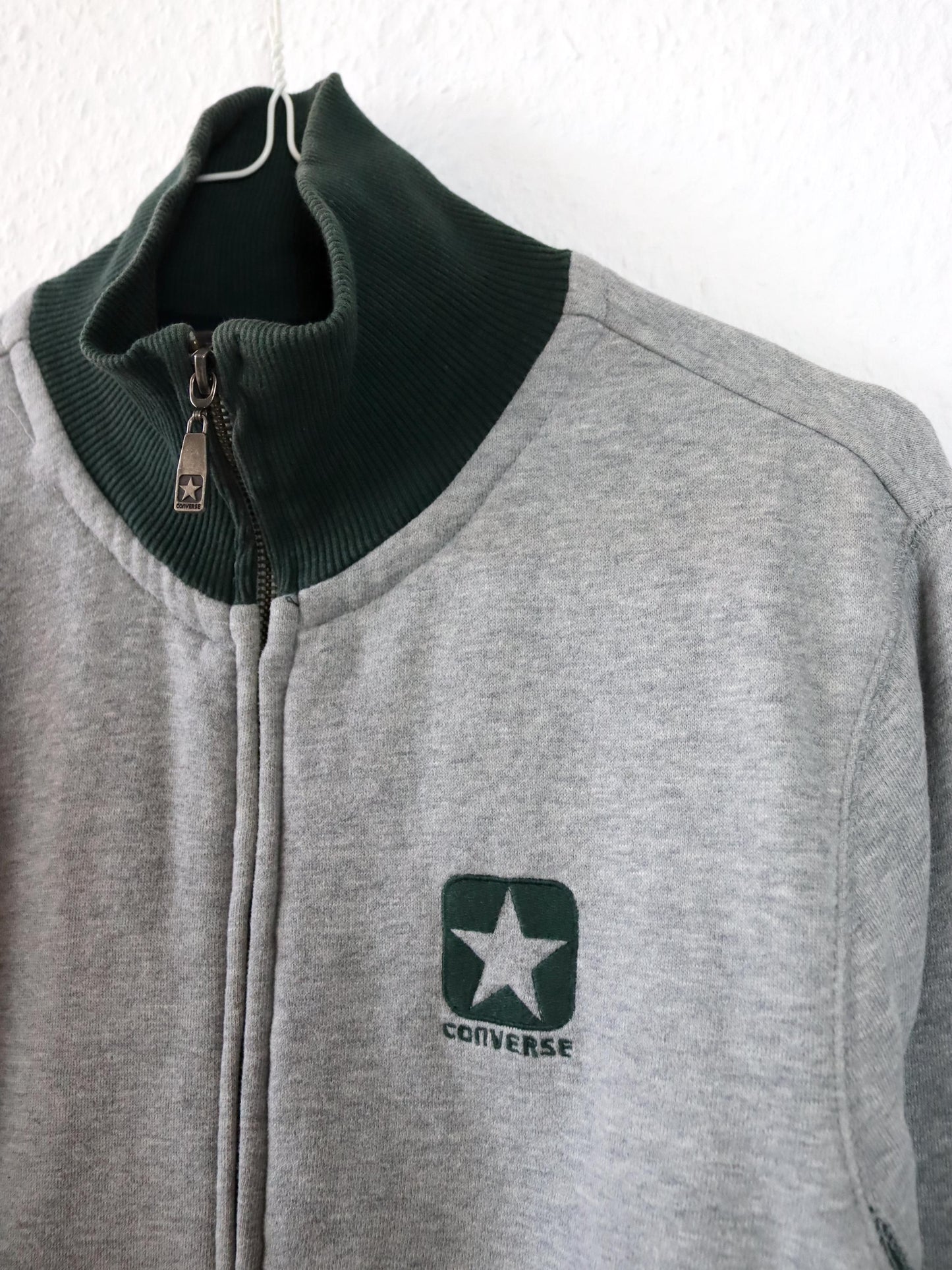 Vintage 90er Y2k CONVERSE Jacke Stehkragen grau grün innen Fleece M