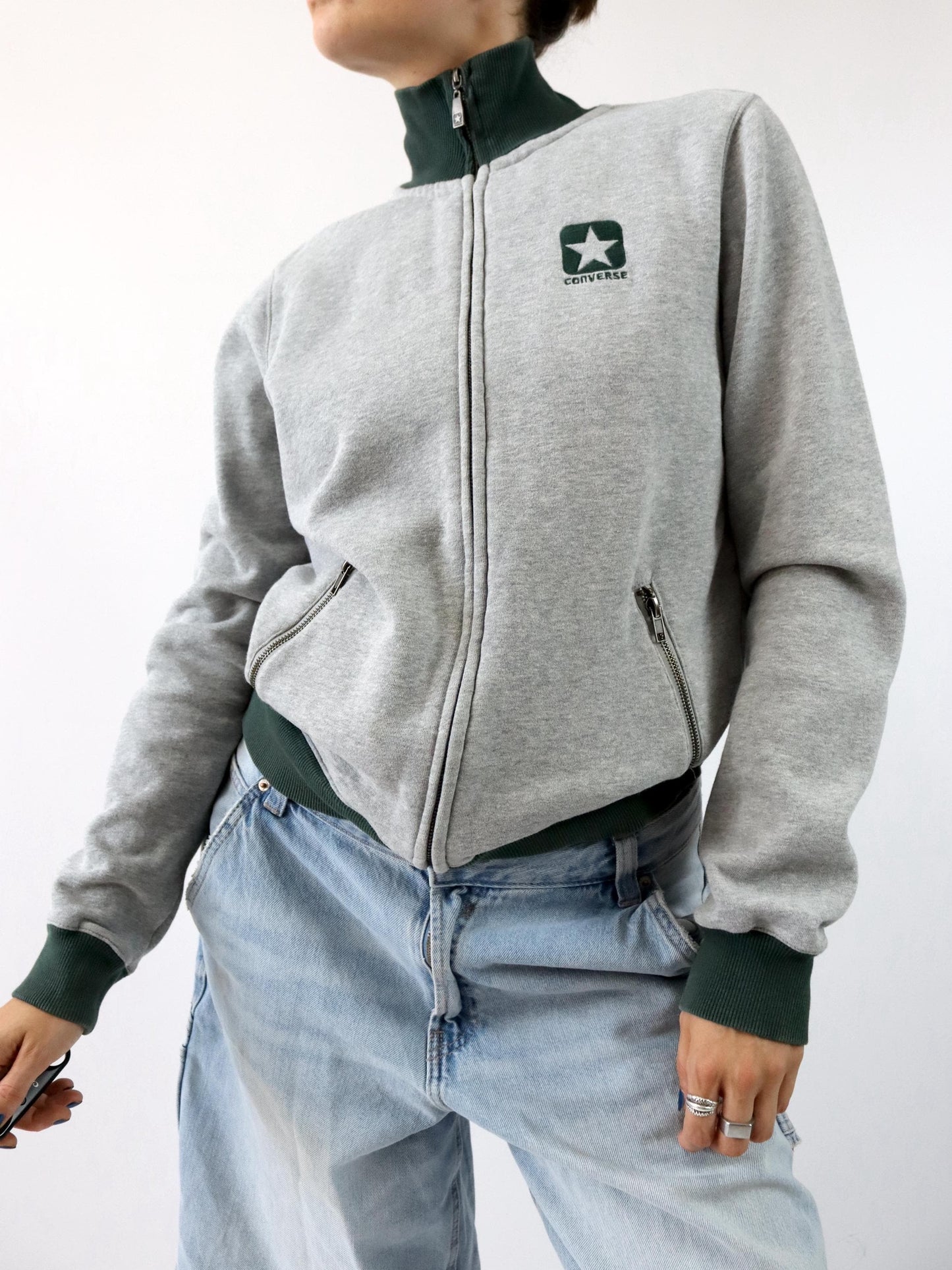 Vintage 90er Y2k CONVERSE Jacke Stehkragen grau grün innen Fleece M
