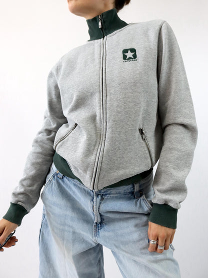 Vintage 90er Y2k CONVERSE Jacke Stehkragen grau grün innen Fleece M