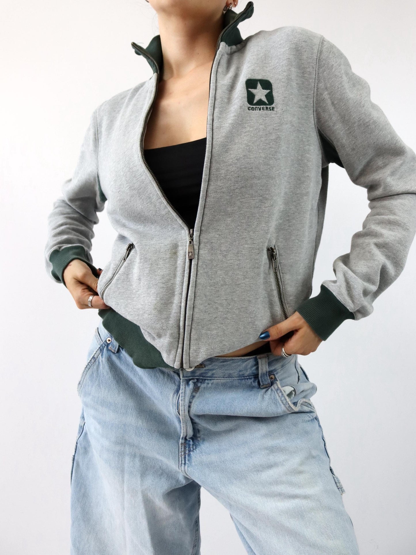 Vintage 90er Y2k CONVERSE Jacke Stehkragen grau grün innen Fleece M