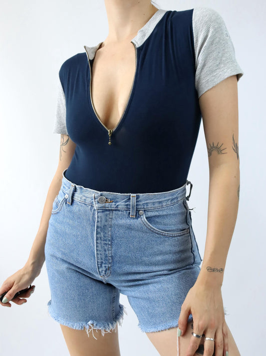 Vintage 80s 90s CHAMPION bodysuit one-piece zipper short sleeve grey dark blue S