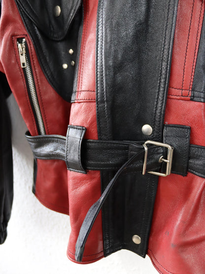 Vintage 80s 90s ALASKABEAR leather jacket rivets black red shoulder pads M