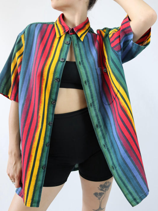 Vintage 80s 90s MANS shirt short sleeve striped colorful waffle look XXL
