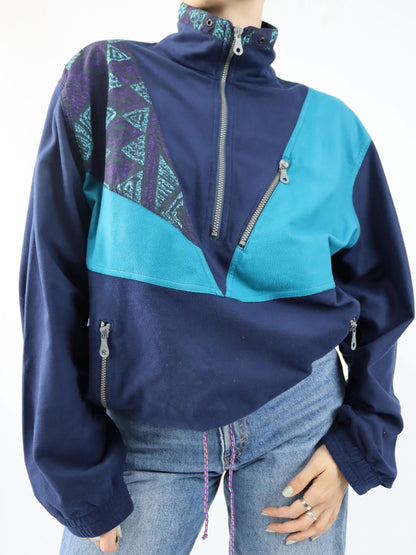 Vintage 80s 90s FULLFORCE sweatshirt velour turquoise dark blue crazy pattern 54 XL