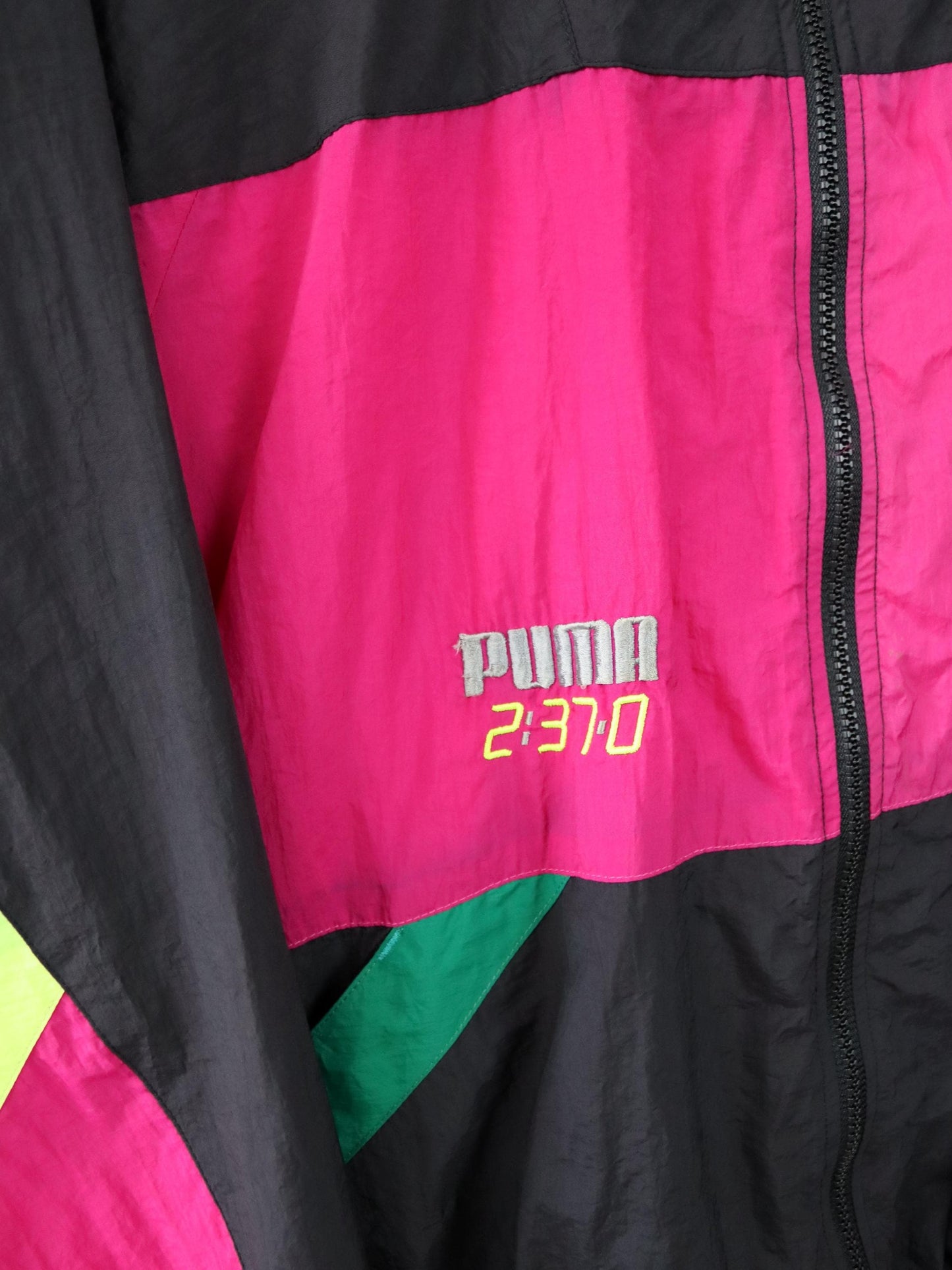 Vintage 80s 90s PUMA tracksuit jacket stand-up collar black pink yellow S/M