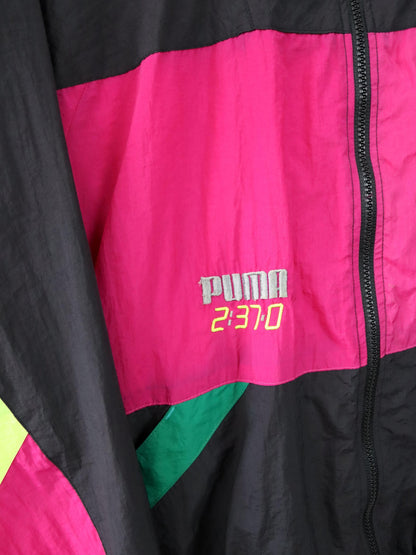 Vintage 80s 90s PUMA tracksuit jacket stand-up collar black pink yellow S/M