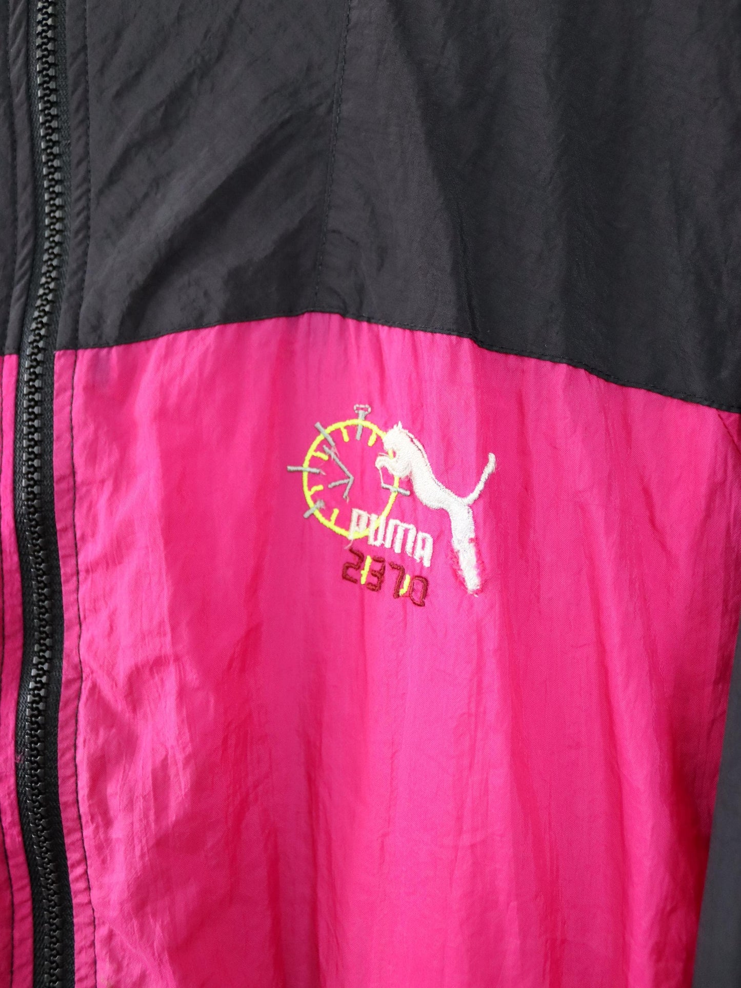 Vintage 80s 90s PUMA tracksuit jacket stand-up collar black pink yellow S/M