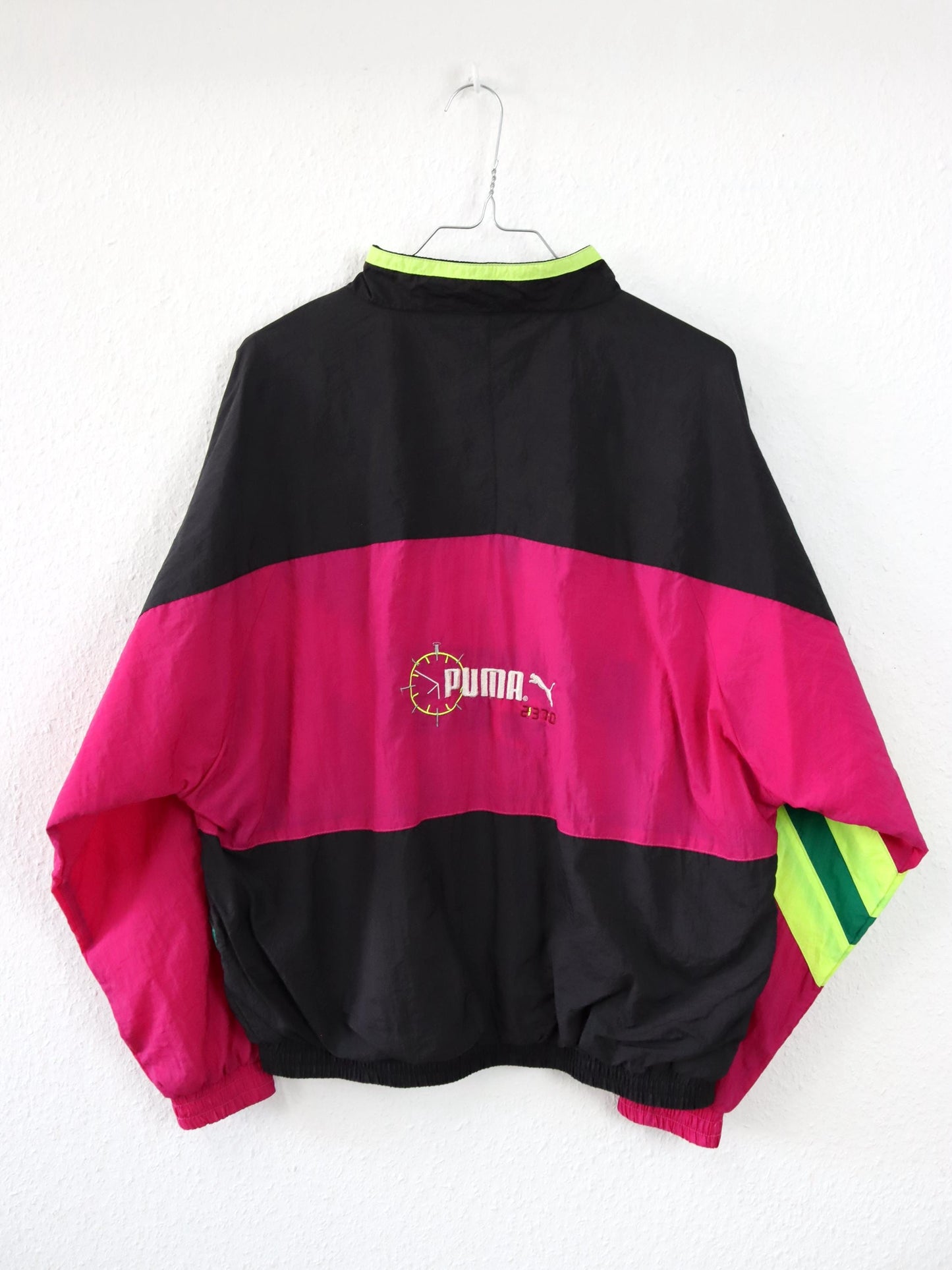 Vintage 80s 90s PUMA tracksuit jacket stand-up collar black pink yellow S/M