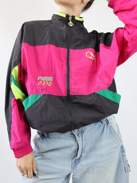 Vintage 80s 90s PUMA tracksuit jacket stand-up collar black pink yellow S/M