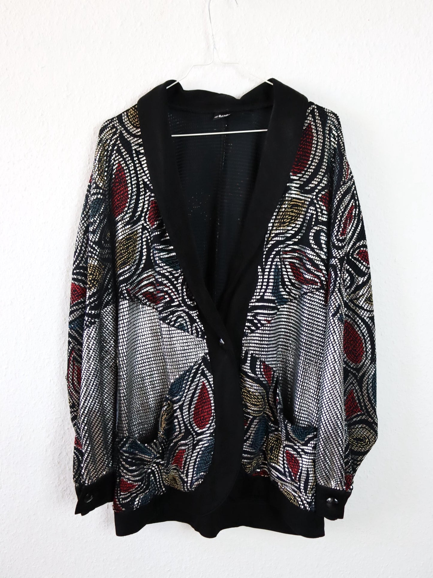 Vintage 80er 90er LETRUC Cardigan Jacke Glitzer Silber schwarz crazy pattern 40