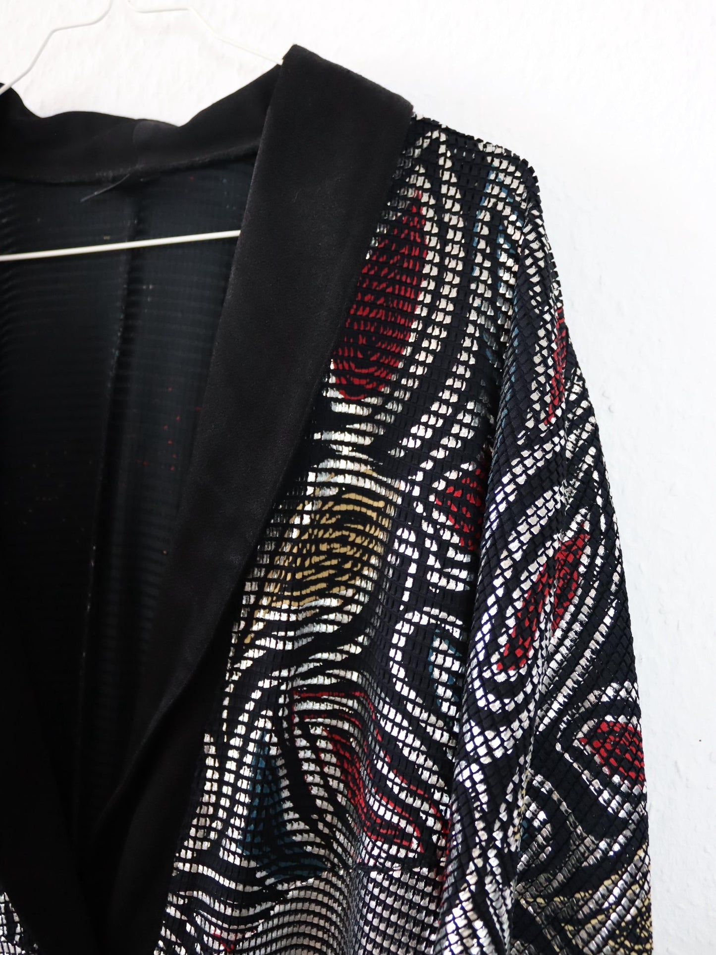 Vintage 80er 90er LETRUC Cardigan Jacke Glitzer Silber schwarz crazy pattern 40