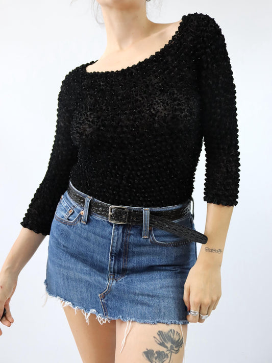 Vintage 80er 90er H. LEETINK Popcorn Top schwarz Perlen M