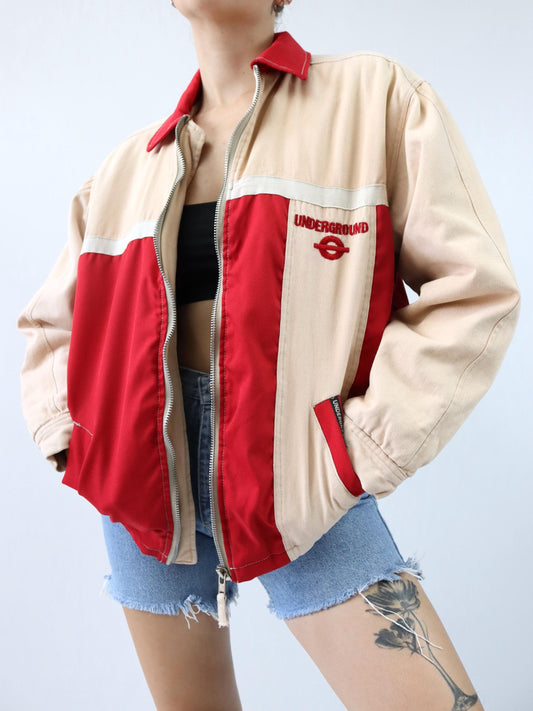 Vintage 80er 90er UNDERGROUND Jacke rot beige Reißverschluss leicht gefüttert M