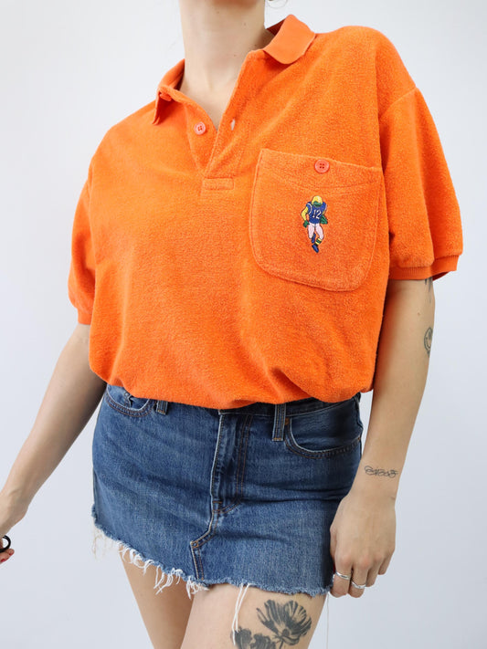 Vintage 80s 90s BIG SMITH polo shirt T-shirt terry cloth orange embroidery L