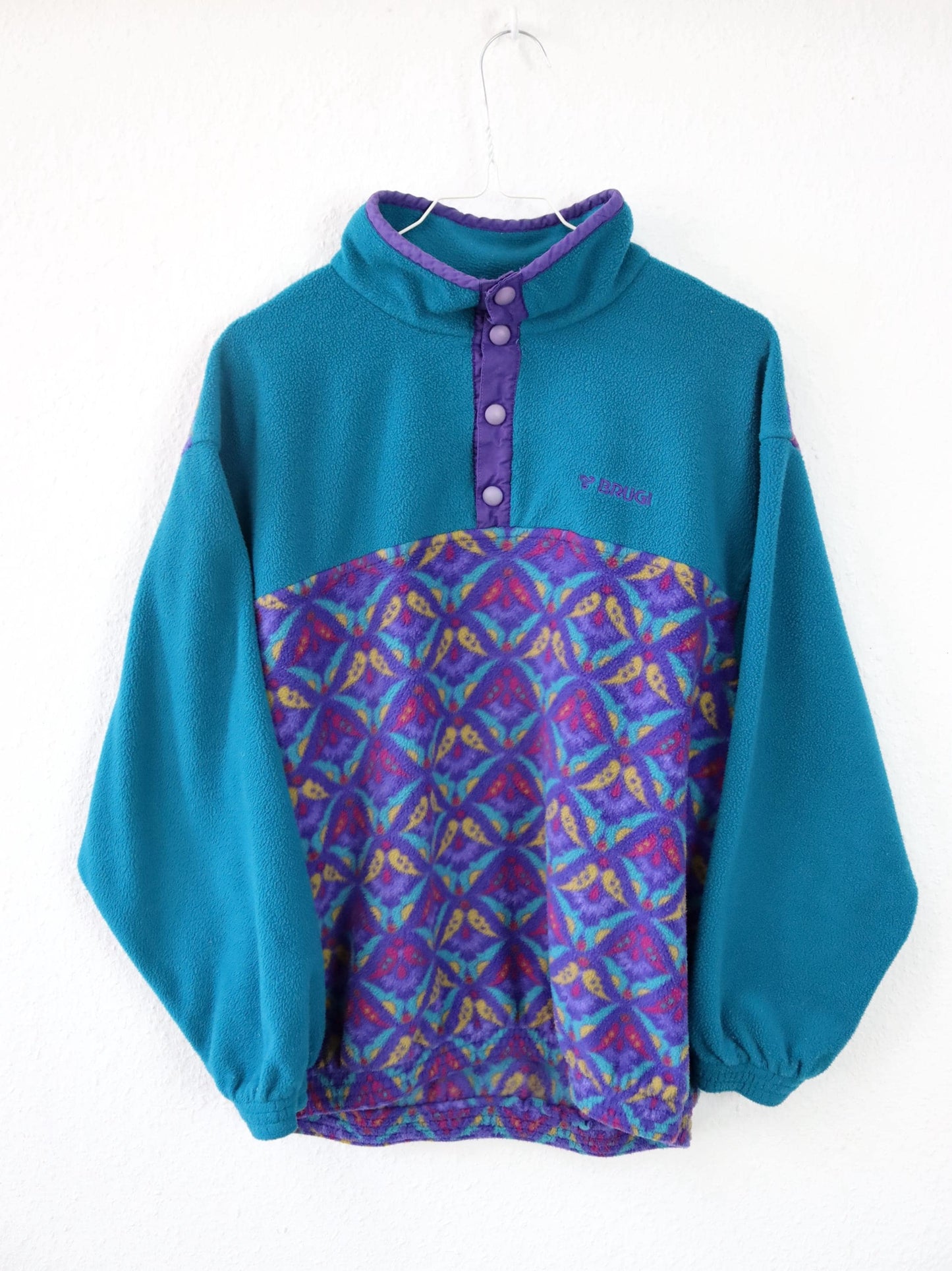 Vintage 80er 90er BRUGI Fleecepullover Stehkragen crazy pattern türkis bunt M
