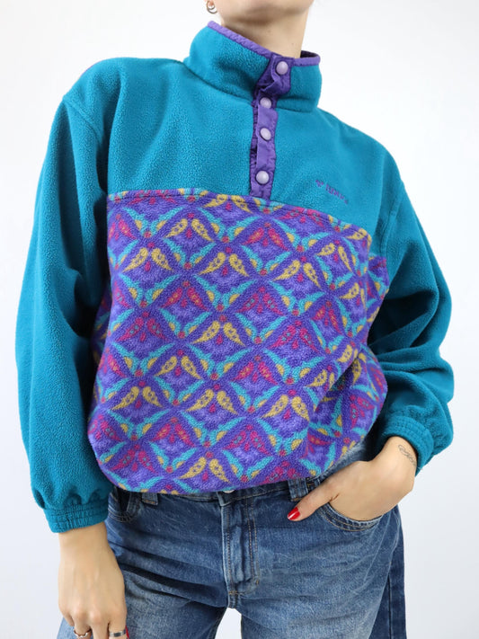 Vintage 80s 90s BRUGI fleece sweater stand-up collar crazy pattern turquoise colorful M