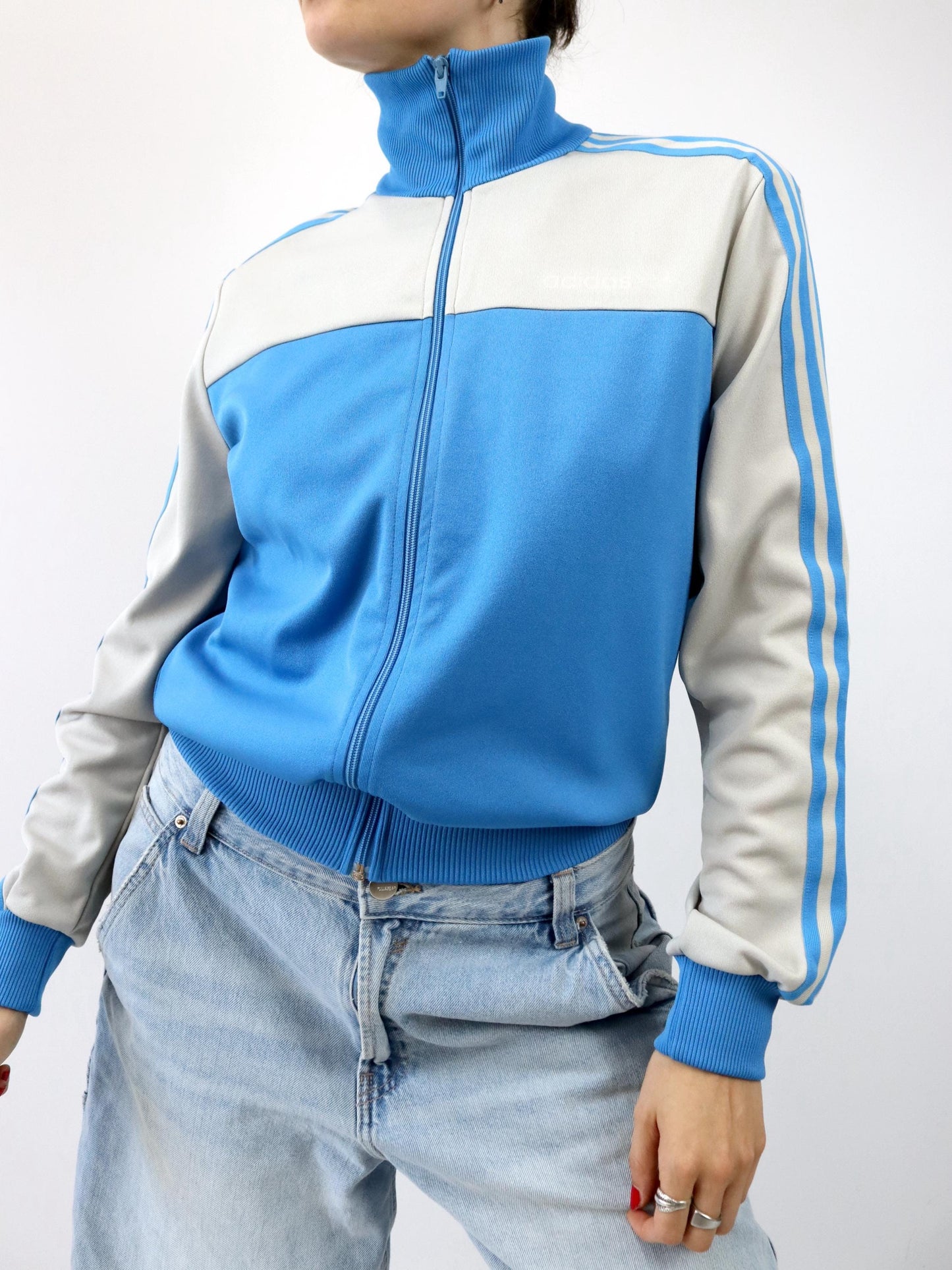 Vintage 80s 90s ADIDAS tracksuit jacket stand-up collar blue grey S