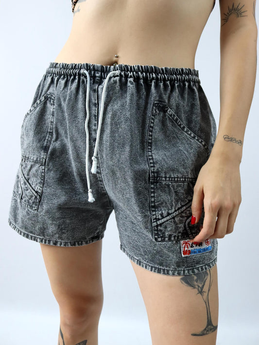 Vintage 80er 90er ETA Shorts kurze Hose grau acid wash Print Surf große Seitentaschen L/XL